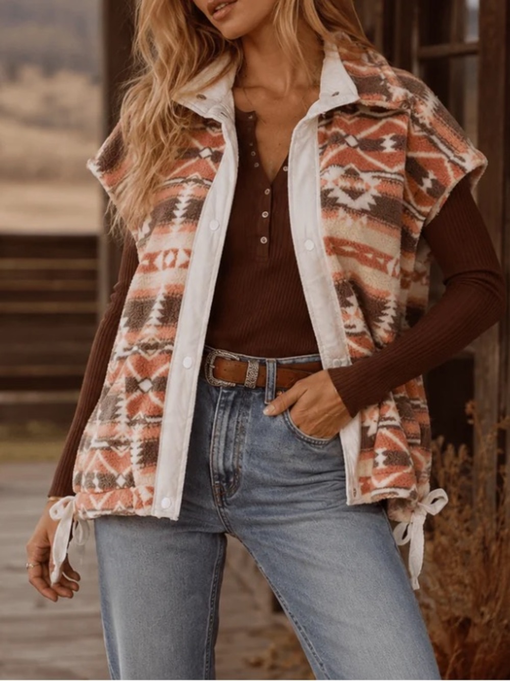 Lovelo Fleece Aztec Western Boho Ribbon Vest Fall Cozy Browns Oranges